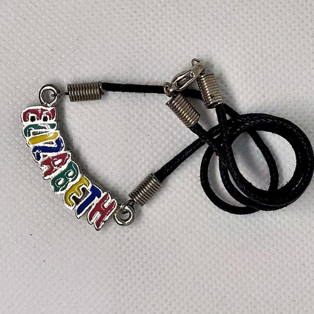 Y2K Nostalgia Name Necklace Elizabeth Enamel Pendant on Black Cord Choker Style
